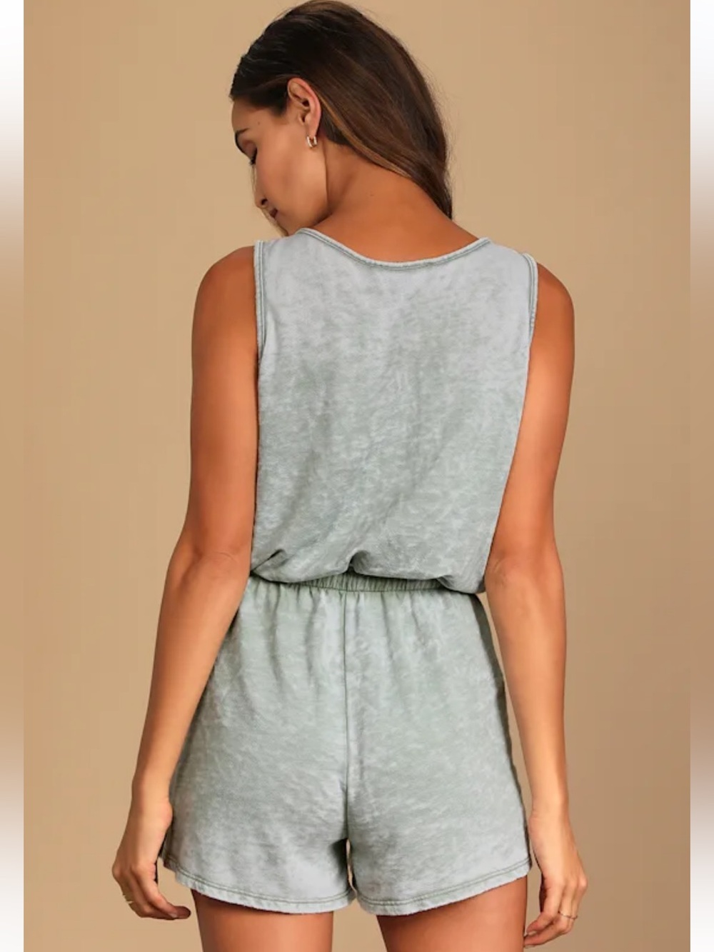 Lulus Perfect Lazy Day Sage Green Sleeveless Drawstring Lounge Romper - Picture 5 of 16